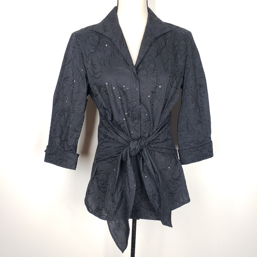Elegant Black Women's Embroidered Sequin Cotton Top Lafayette 148
